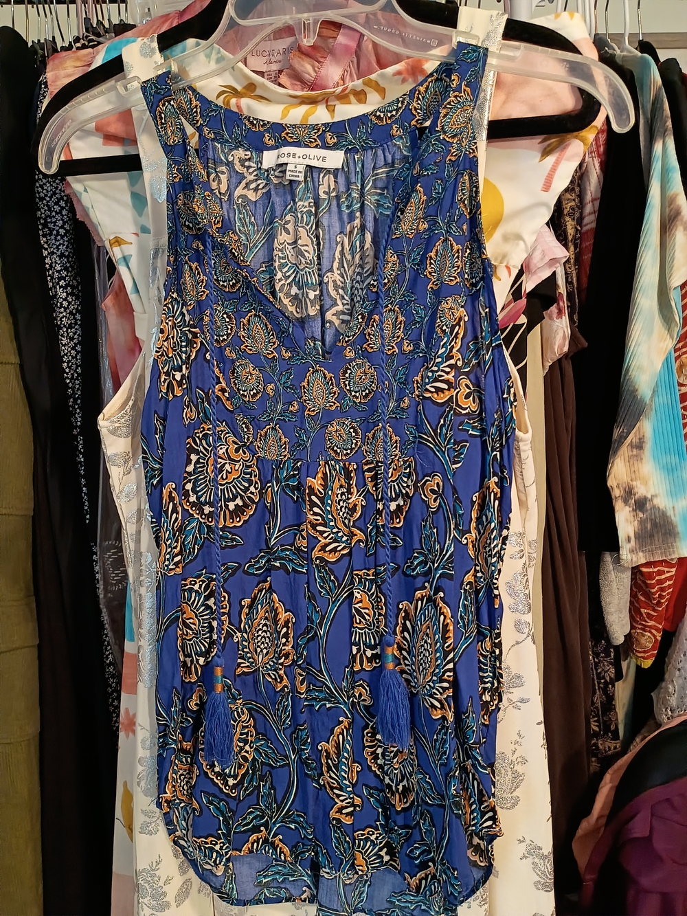 Rose & Olive Blue Floral Boho Tank with Teal and Mustard Accents